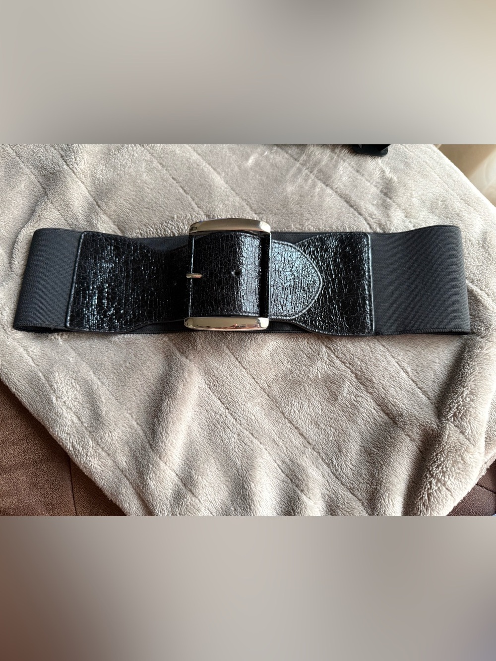 Express Black Elastic Belt with Tan Leather Patch and Silver Buckle
